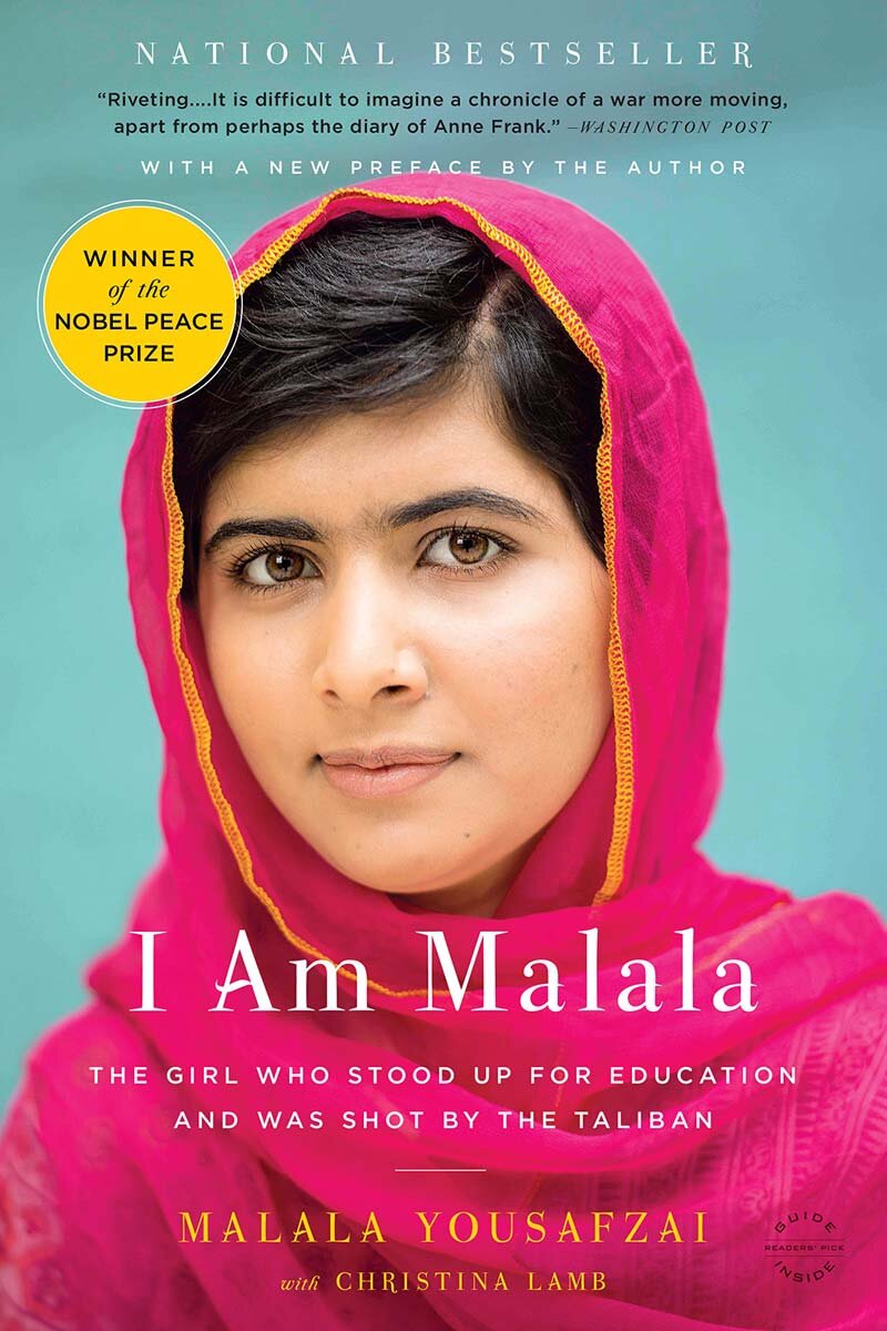 Cover of the book "I Am Malala" featuring Malala Yousafzai in a pink headscarf. Includes Nobel Peace Prize badge and reviews.