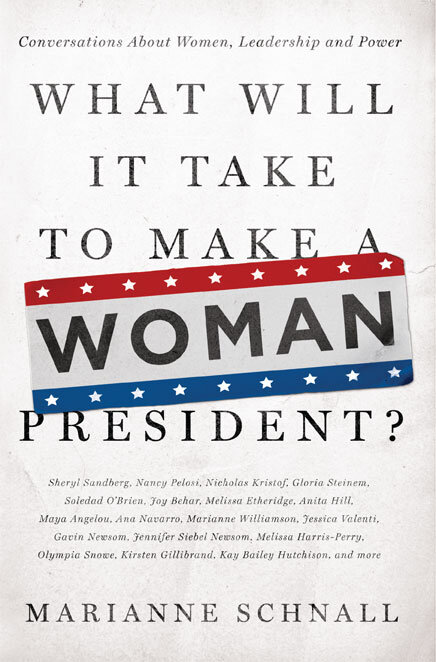 Book cover titled "What Will It Take to Make a Woman President?" by Marianne Schnall. The design includes red, white, and blue elements with stars, mimicking a political theme.