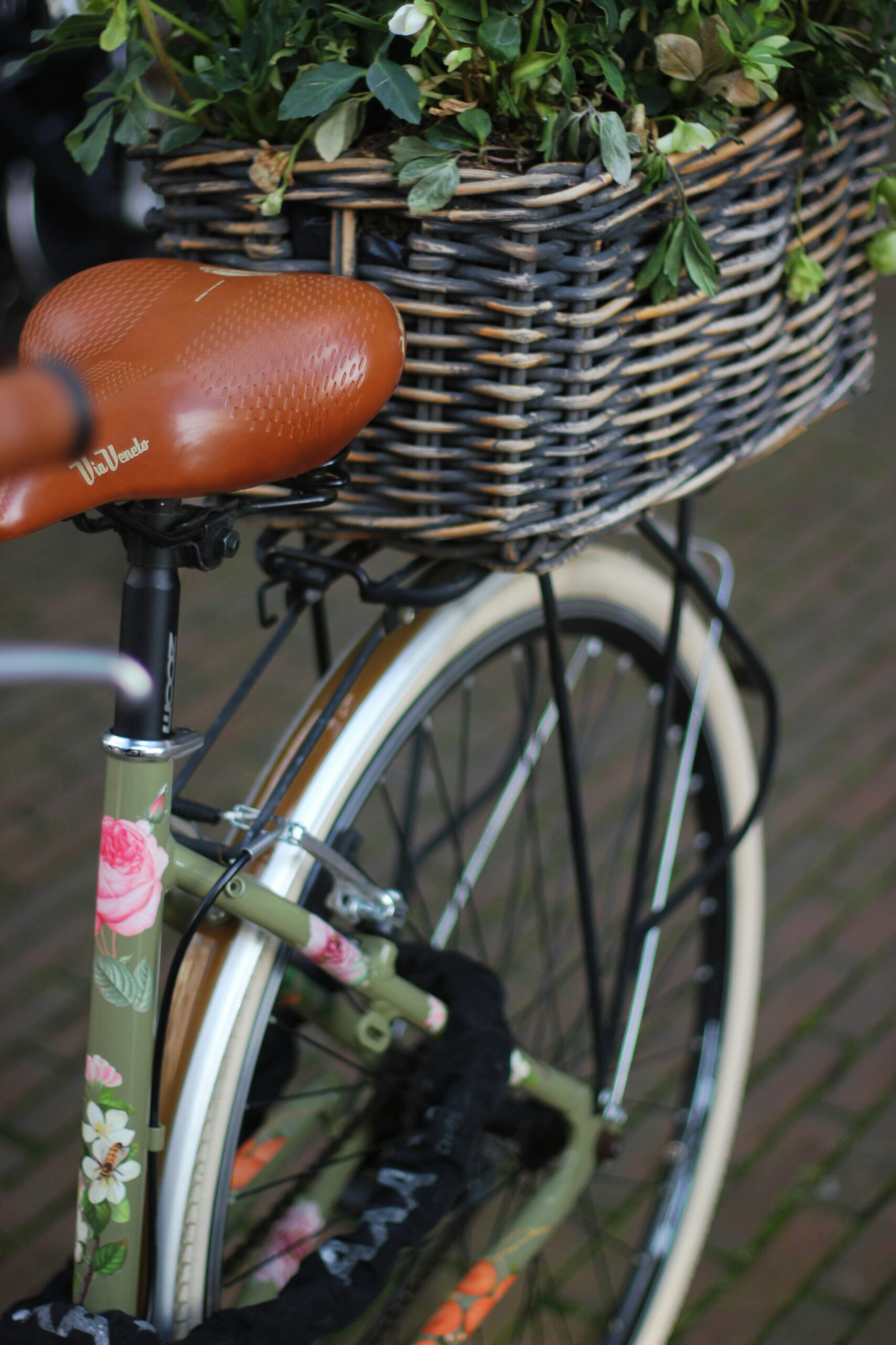 A green bicycle with floral designs has an attached wicker basket filled with greenery. The bike has a brown saddle and is parked on a paved surface.