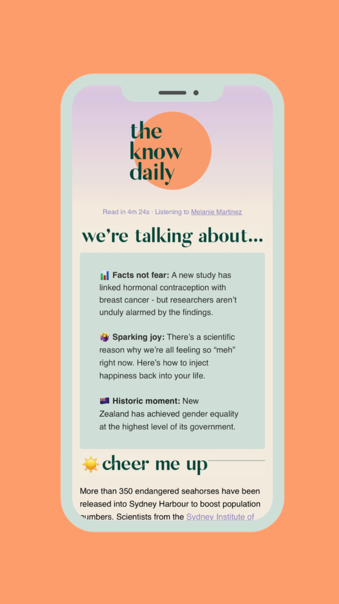 A screenshot of the know daily newsletter on an iphone graphic. 