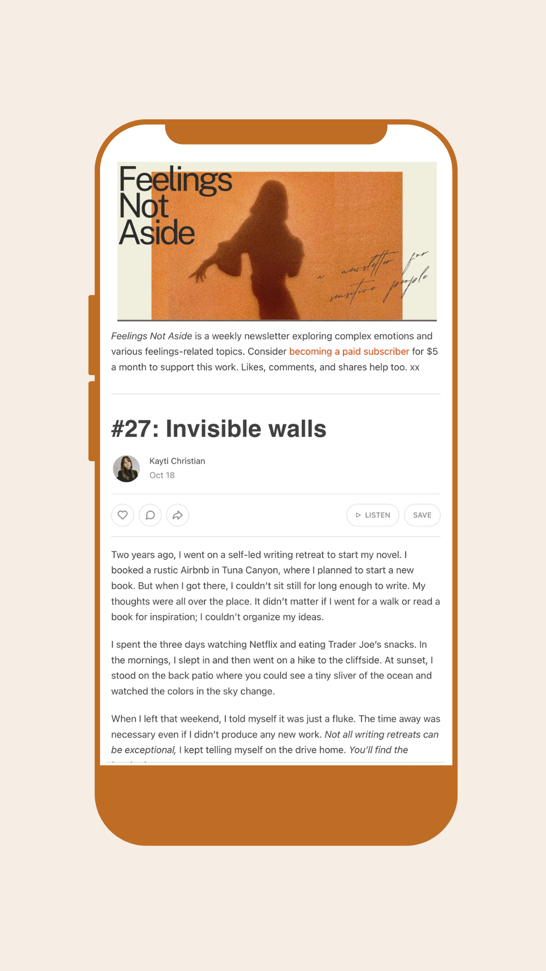 A mobile screen showing a webpage with an article titled "#27: Invisible walls" by Kayti Christian. The article discusses overcoming writer's block. Header image shows a silhouette of a person writing.