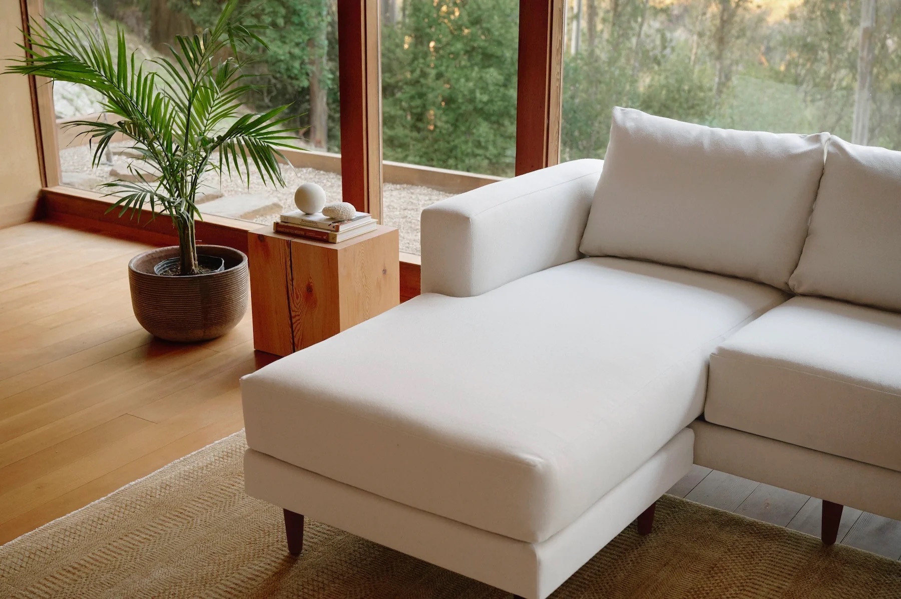 A modern living room features a white sectional sofa with a chaise lounge, a wooden side table with stacked books, and a potted palm plant beside large windows overlooking a green outdoor area.