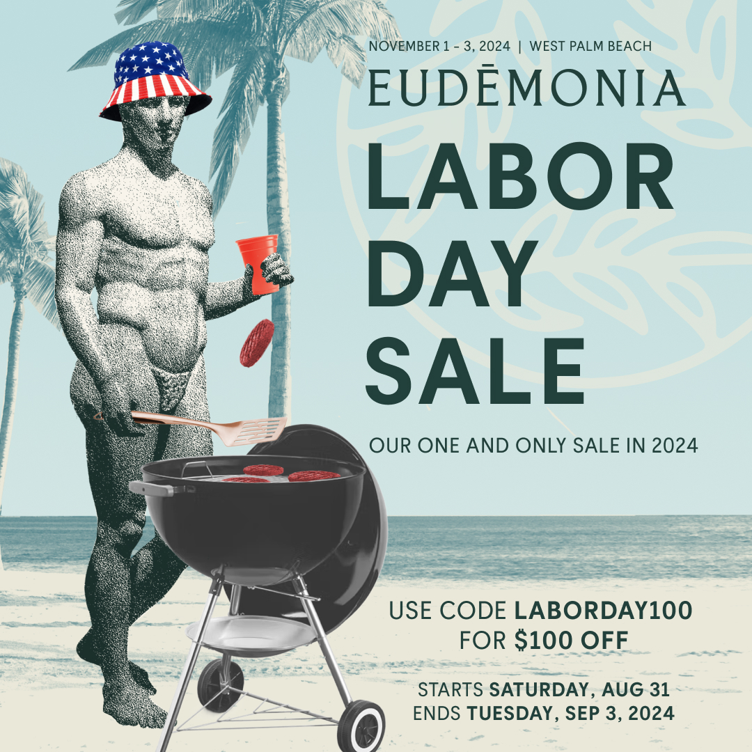 Promotional image for Eudemonia's Labor Day Sale, featuring a statue wearing a hat, holding red items, and a grill with burgers. Sale runs from August 31 to September 3, 2024. Code LABORDAY100 for $100 off.