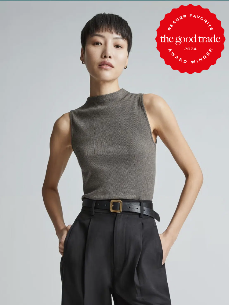 A model wearing Everlane work clothes. The TGT 2024 Award Winner Badge is on the right corner of the image.