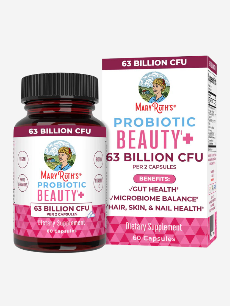A bottle and box of MaryRuth's Probiotic Beauty+ dietary supplement, featuring 63 billion CFU per 2 capsules, benefits for gut health, microbiome balance, hair, skin, and nail health.