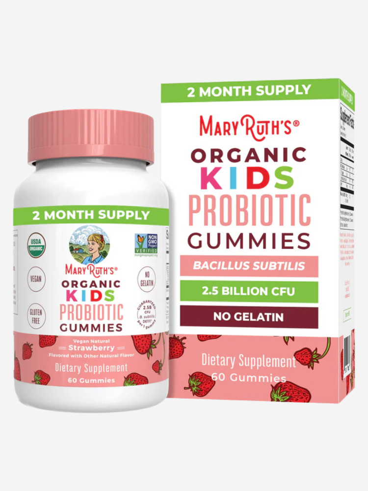 A bottle and box of MaryRuth's Organic Kids Probiotic Gummies featuring 60 strawberry-flavored gummies. The packaging highlights benefits like being vegan, non-GMO, gluten-free, and containing 2.5 billion CFU.