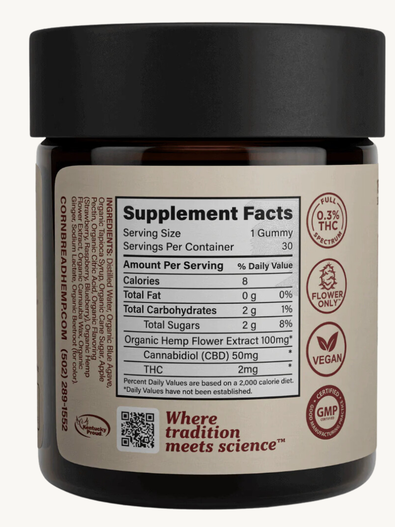 A black jar of cbd gummies with a label detailing supplement facts including ingredients, dietary information, and certification symbols.