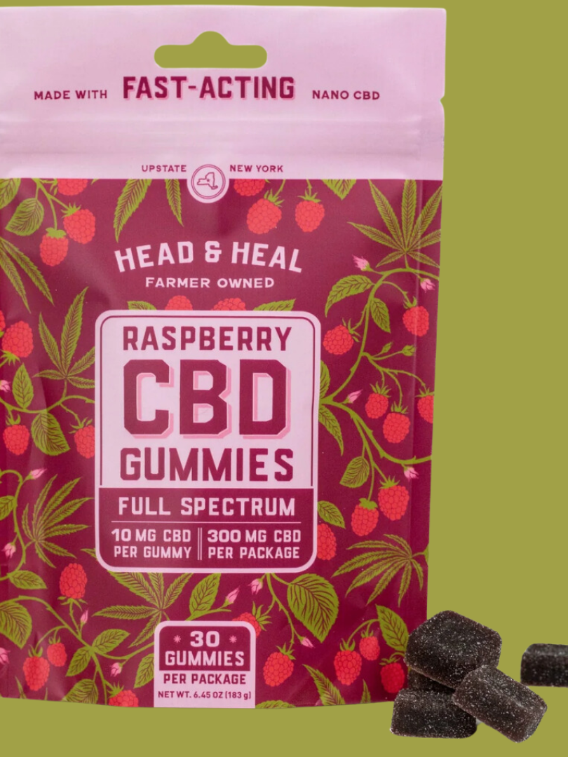 Package of raspberry cbd gummies, full spectrum, 10 mg per gummy, 300 mg per package, with isolated gummies in front.
