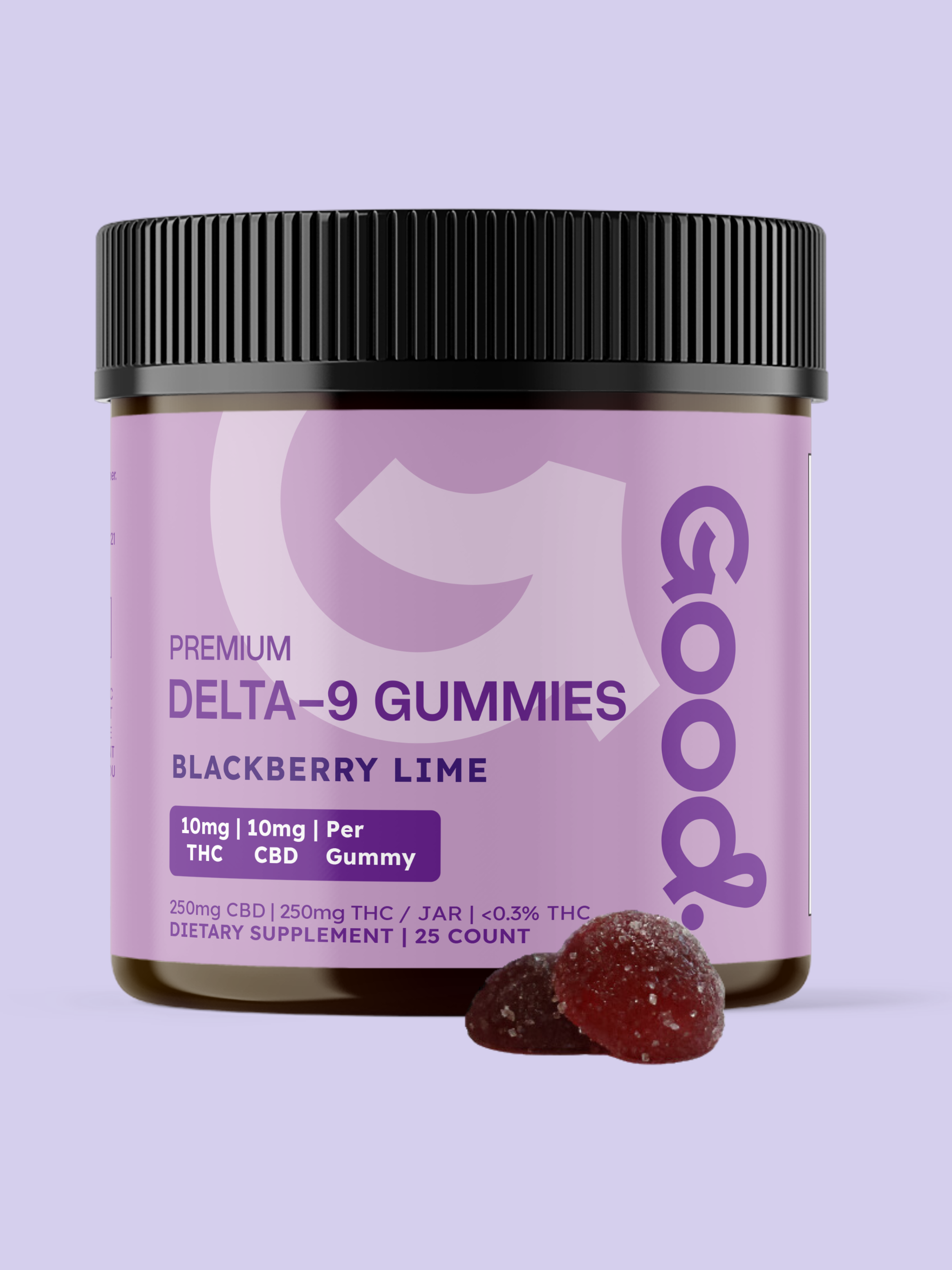 A jar of "Good" brand Delta-9 blackberry lime gummies with a dosage label, displayed against a plain purple background.