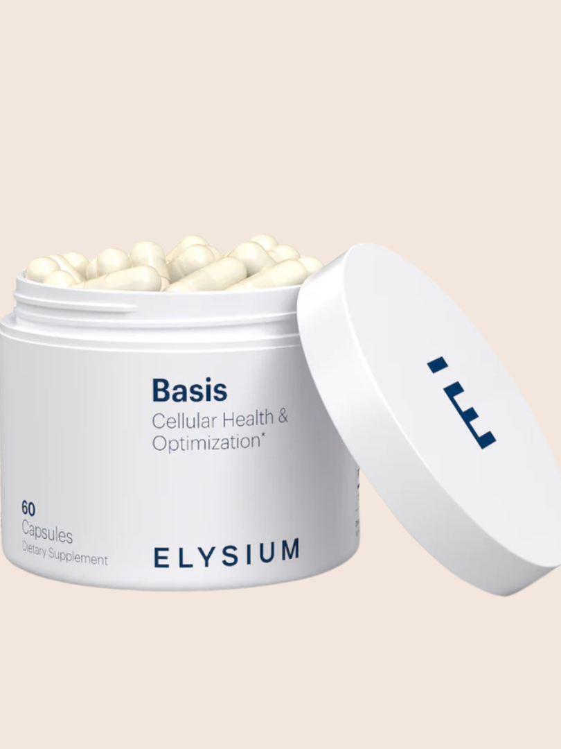 A white container labeled Elysium Basis, containing capsules for cellular health and optimization. The container, with a slightly open lid, holds 60 capsules.