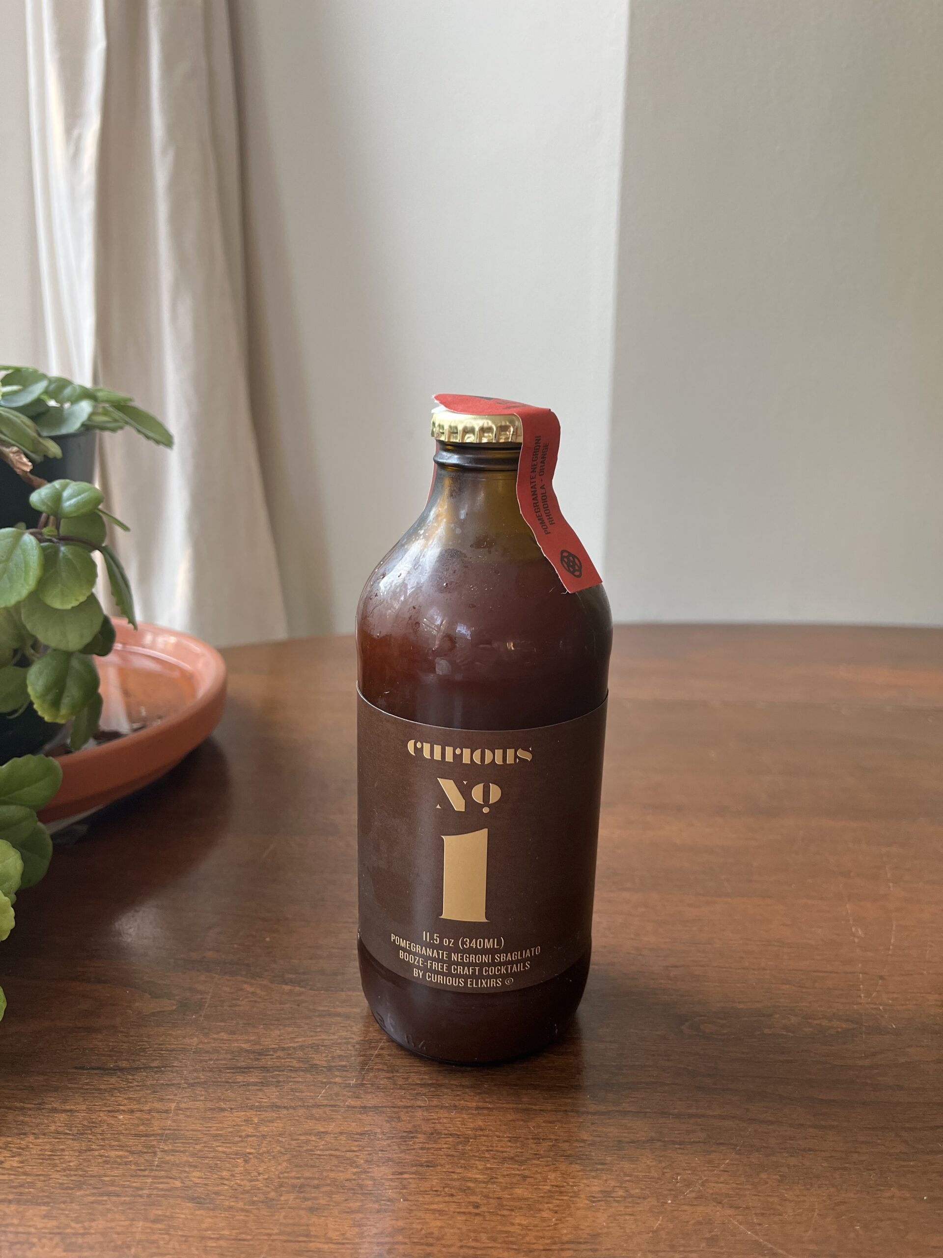 A brown bottle with a gold cap labeled "Curious No. 1" is placed on a wooden surface. A potted plant and a curtain are in the background.