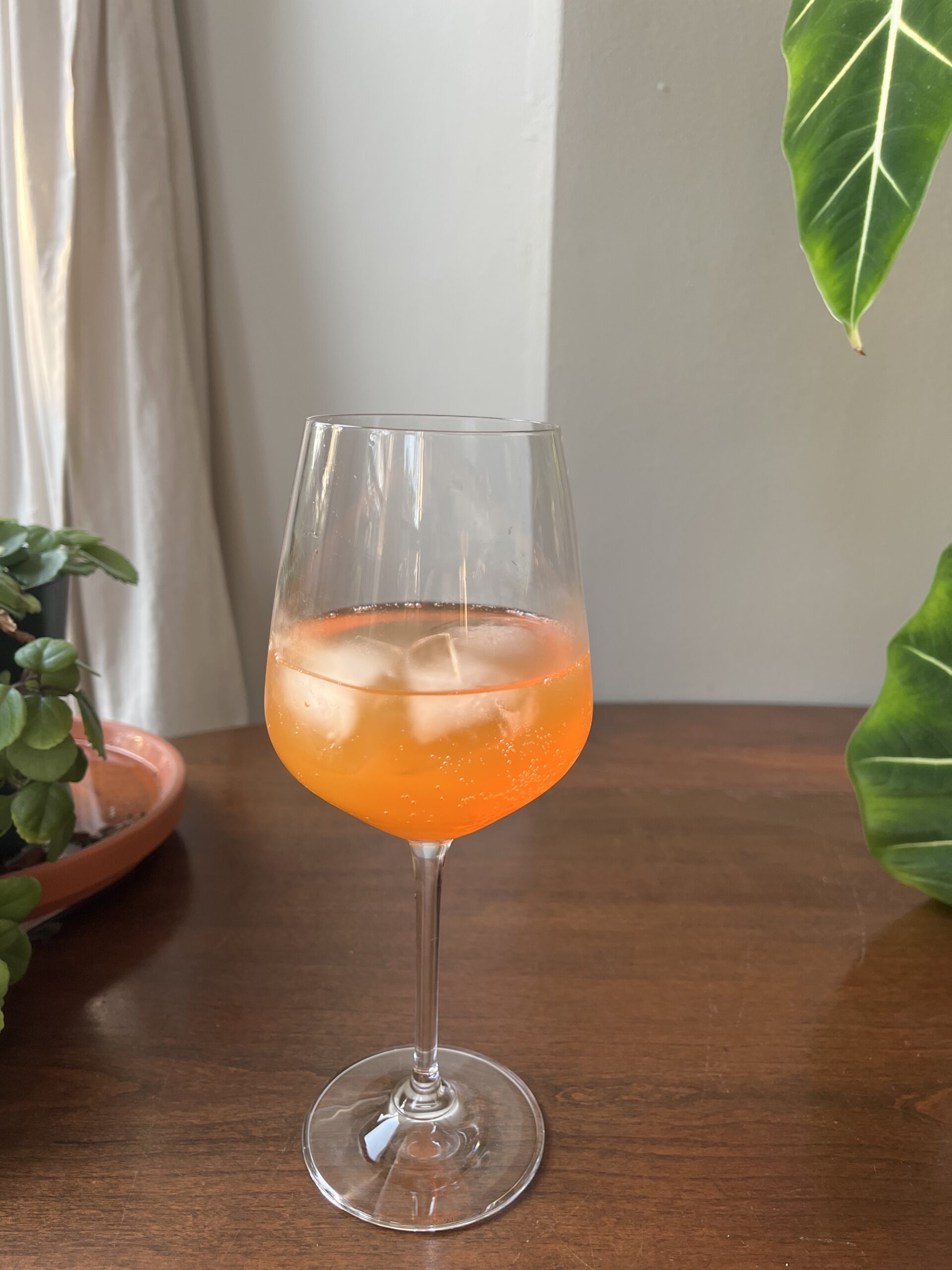A wine glass filled with an orange beverage and ice cubes sits on a wooden table. The background includes green leafy plants and a white curtain.