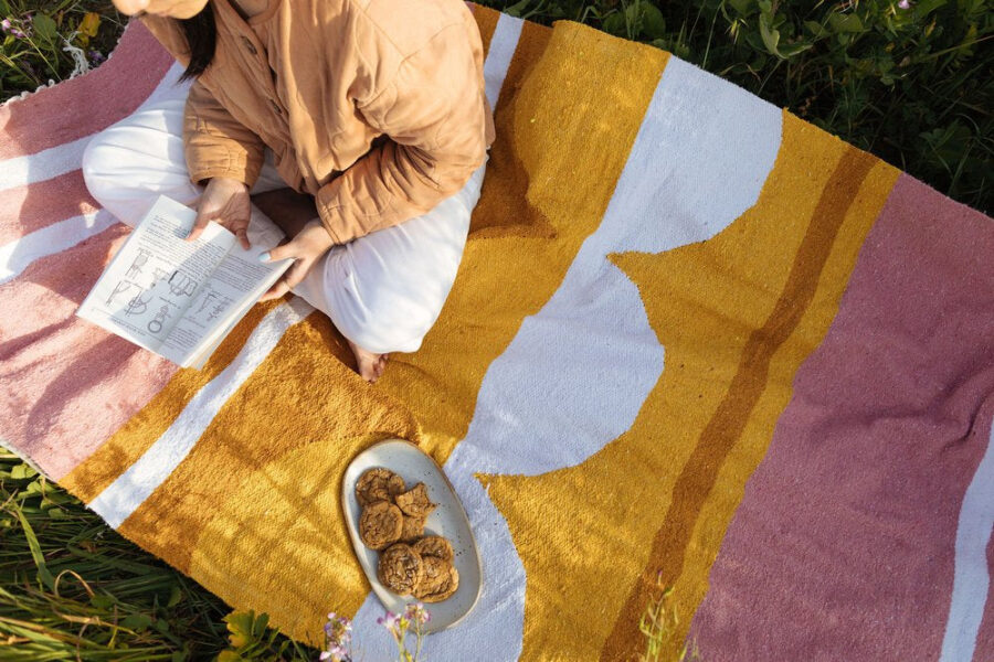 A person sits on a colorful patterned blanket outdoors, holding a book or notebook. A plate with cookies is placed on the blanket near the person. Greenery and flowers are visible around the blanket.