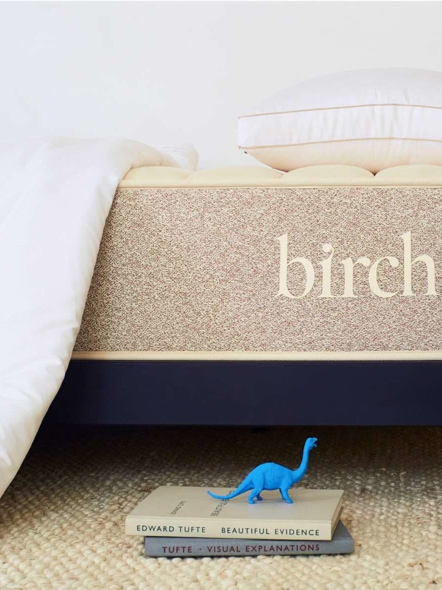 Bedroom scene with a beige mattress labeled "birch." The bed has white bedding and pillows. Below the bed are three books and a small blue dinosaur toy on a carpeted floor.