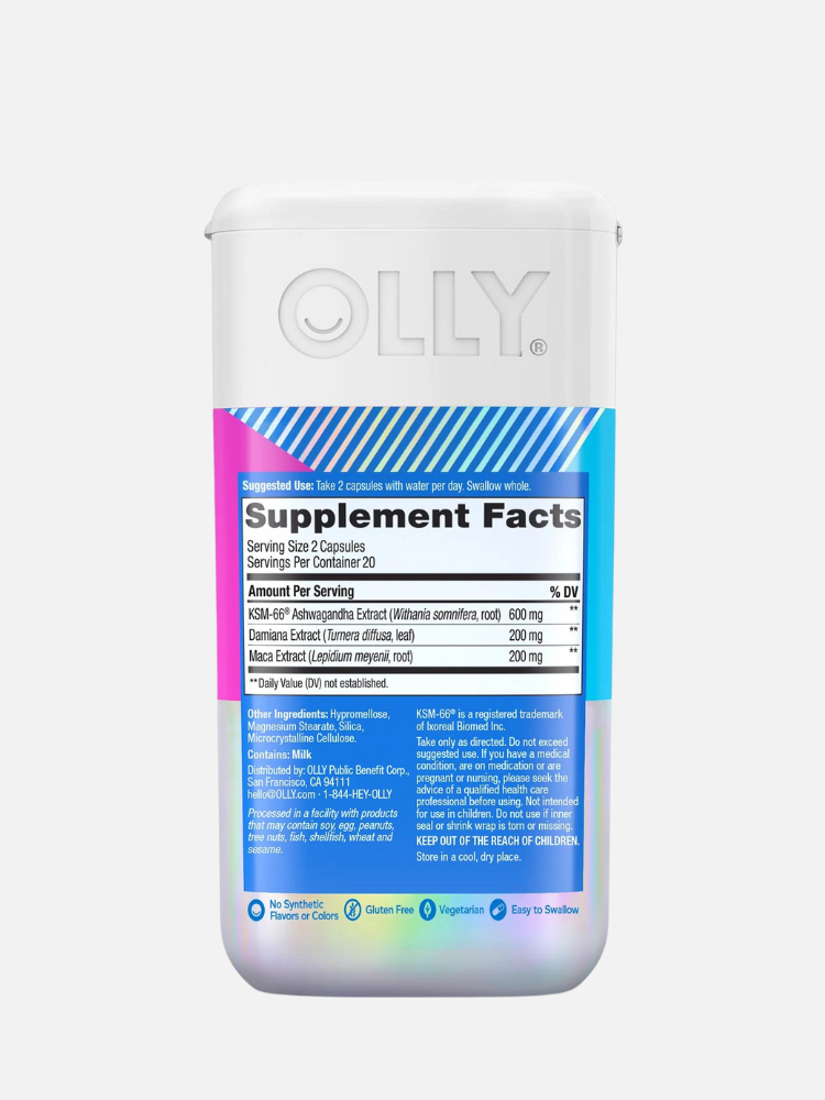 A container of OLLY supplements, highlighting Supplement Facts on the label, including serving size, ingredients like Ashwagandha and Rhodiola extract, and claims of being gluten-free, vegan, and non-GMO.