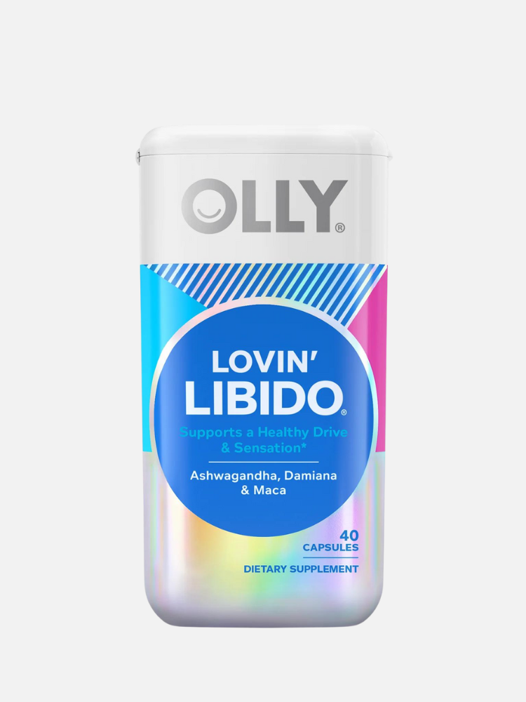 A bottle of OLLY dietary supplement labeled "Lovin' Libido," containing 40 capsules to support healthy drive and sensation. Ingredients include Ashwagandha, Damiana, and Maca.