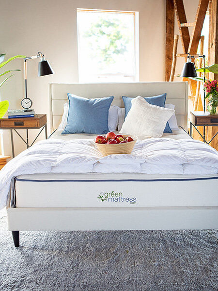 A neatly made bed with white linens and blue pillows in a bright room with large windows. A basket of apples sits on the bed. Plants and two bedside tables with lamps are on either side of the bed.