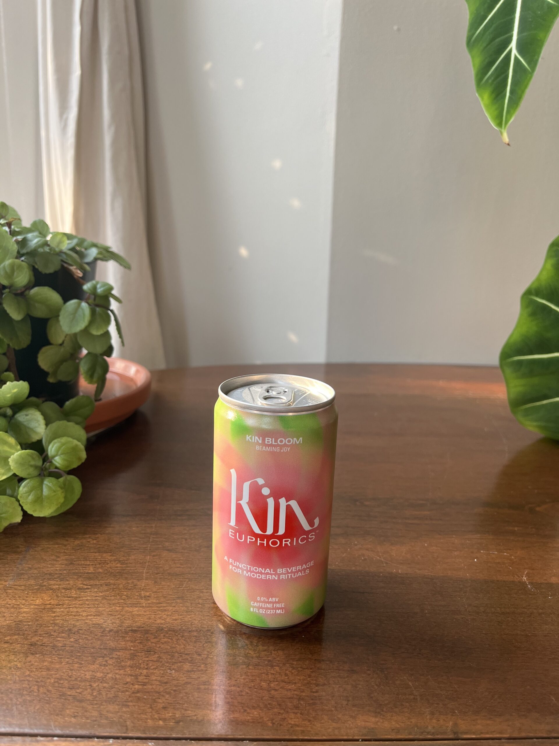 A can of Kin Euphorics non-alcoholic beverage sits on a wooden table. It is pink and green colored with text on the front. Plants in white pots are in the background.