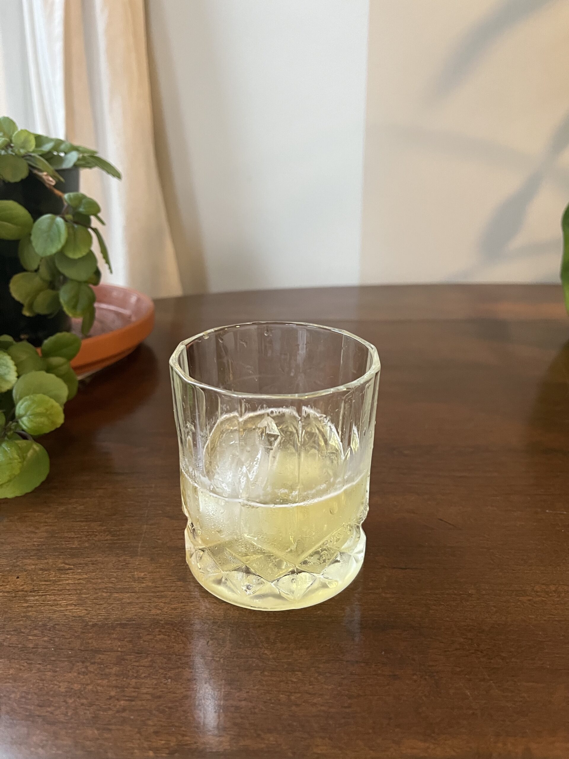 A clear glass with a yellow drink and a large ice sphere sits on a wooden table. Green potted plants are in the background.
