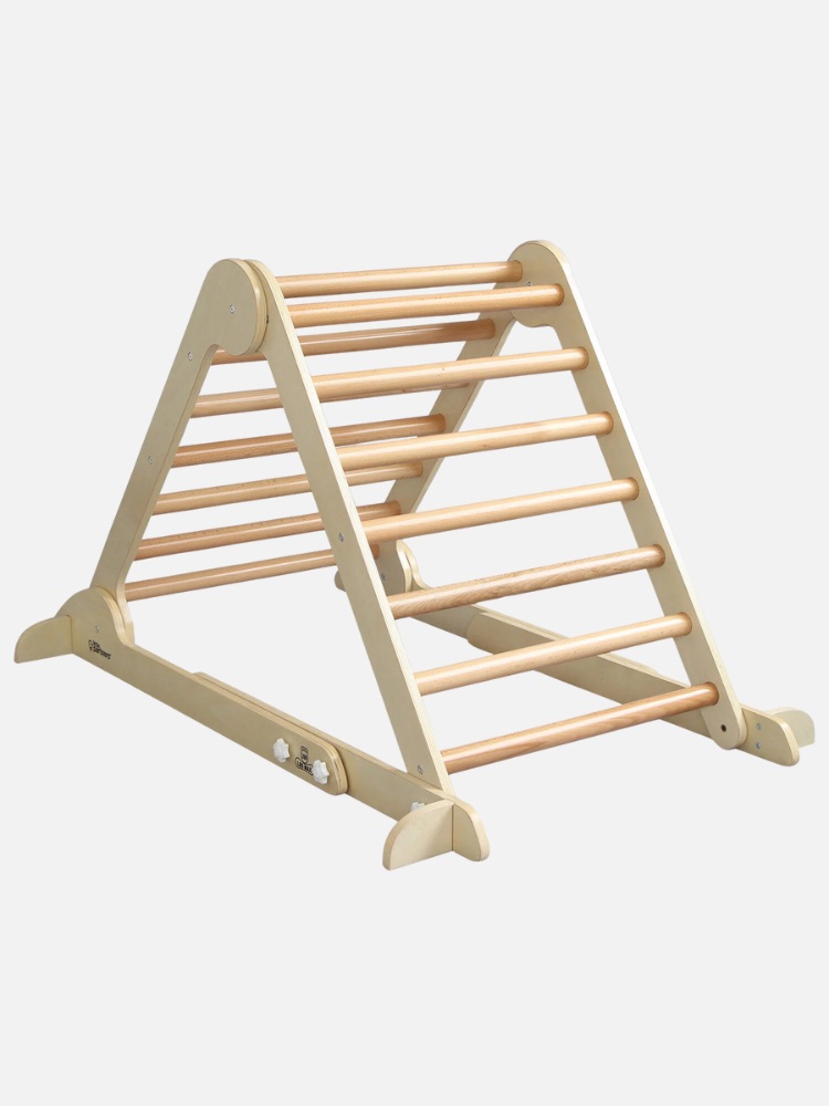 A wooden climbing frame featuring a triangular structure with ladder-like rungs.