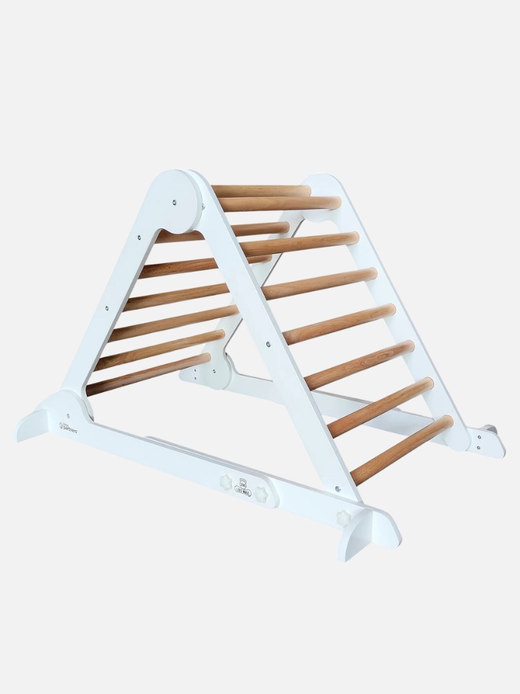 A white wooden triangle climbing frame with horizontal wooden rungs, designed for toddlers and children to climb.