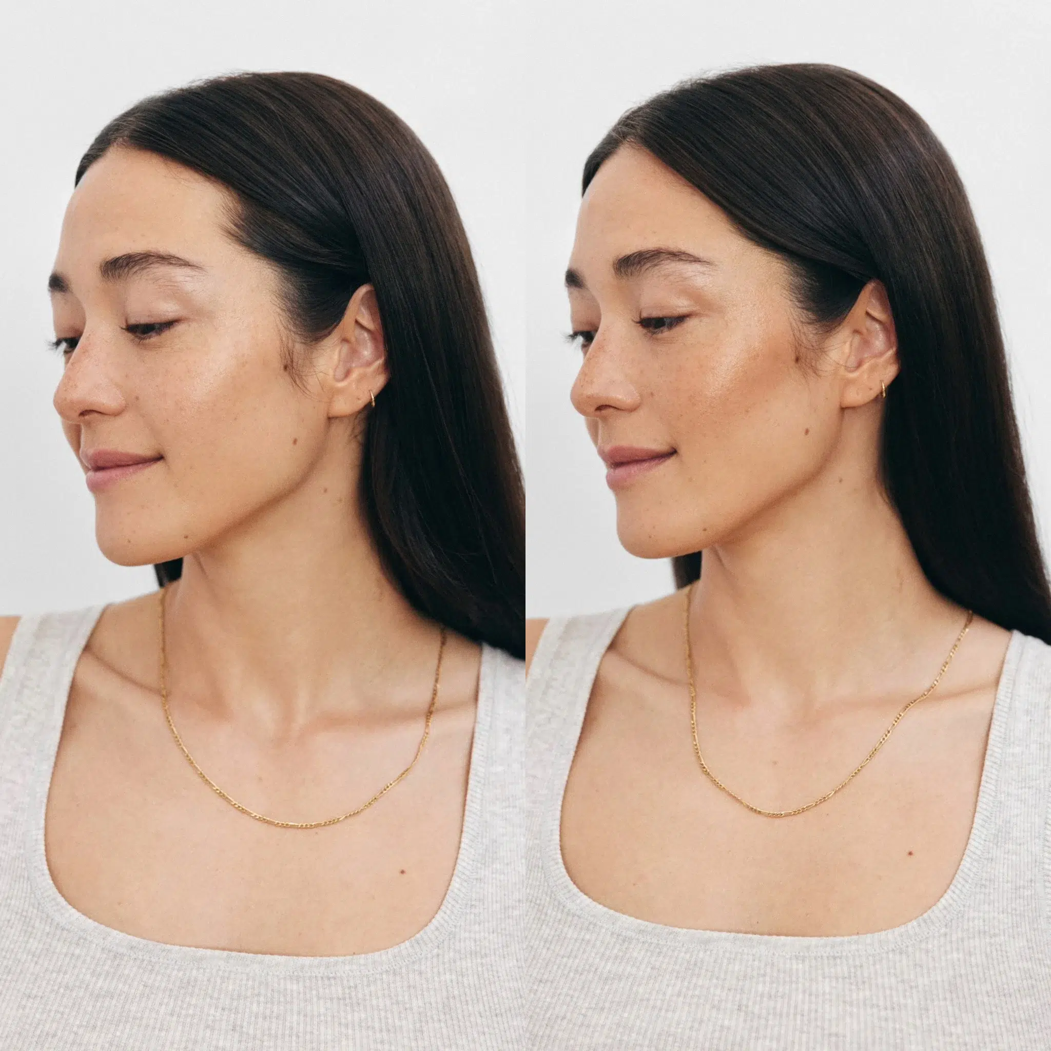 Side-by-side images of the same woman with long brown hair wearing a simple gold necklace and a light gray tank top, looking slightly downward in both photos.