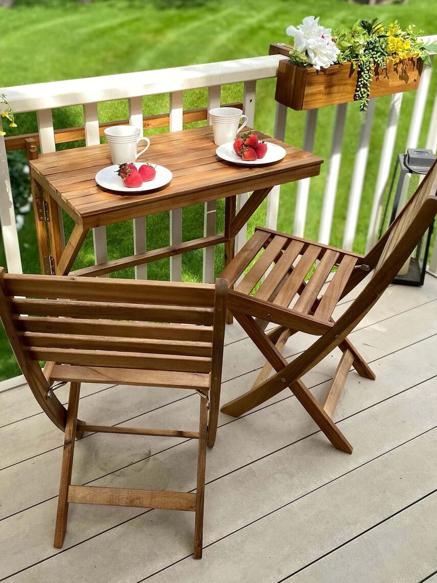 A two person wooden outdoor dining set from an Etsy seller. 