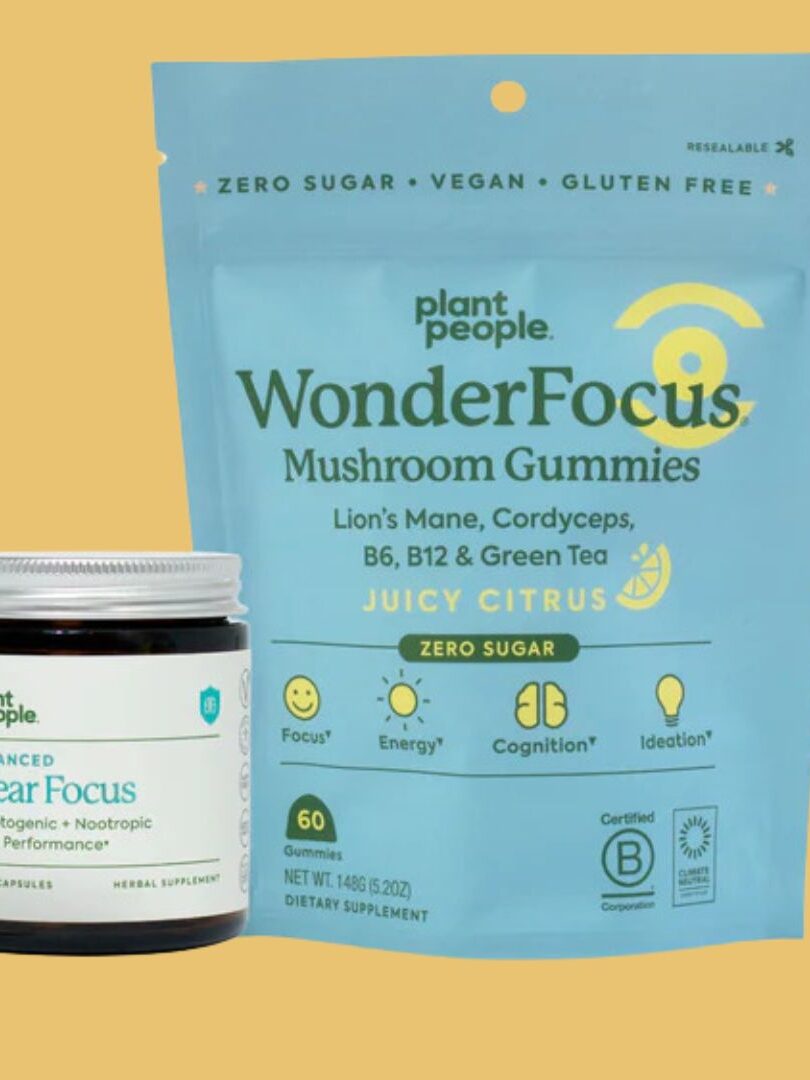 A jar of clear focus capsules and a pouch of WonderFocus mushroom gummies by Plant People on a yellow background. The gummies are vegan, gluten-free, and zero sugar with Lion's Mane and other ingredients.