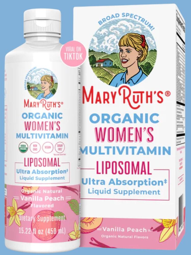 A bottle and box of MaryRuth's Organic Women's Multivitamin Liposomal, Vanilla Peach flavor, 15.22 fl oz (450 ml). Broad spectrum, ultra absorption, with a pink "Viral on TikTok" sticker on the box.