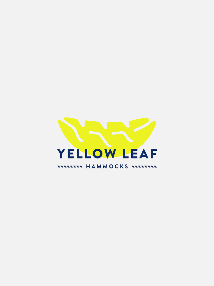 A logo featuring a stylized yellow hammock shape above the text "YELLOW LEAF HAMMOCKS" in blue, with small decorative lines above and below the word "HAMMOCKS.