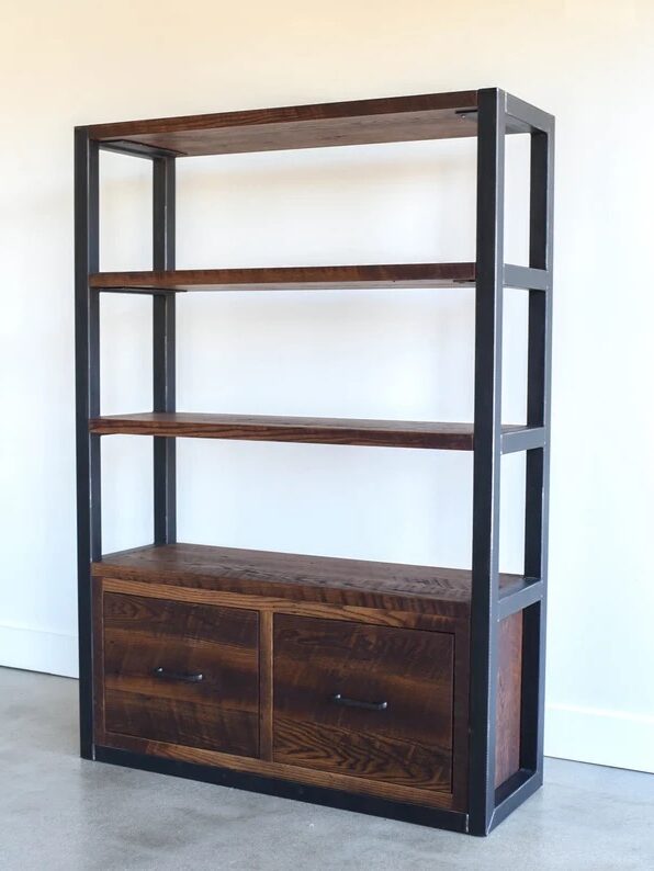 A dark wood and black metal shelving unit with four open shelves and two lower drawers.