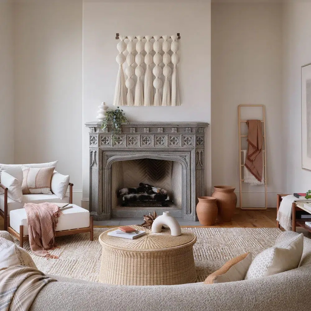 A cozy living room with a stone fireplace, woven wall decor, and neutral-colored furniture. A round wicker coffee table is centered, surrounded by a couch, armchair, and various earthenware pots.