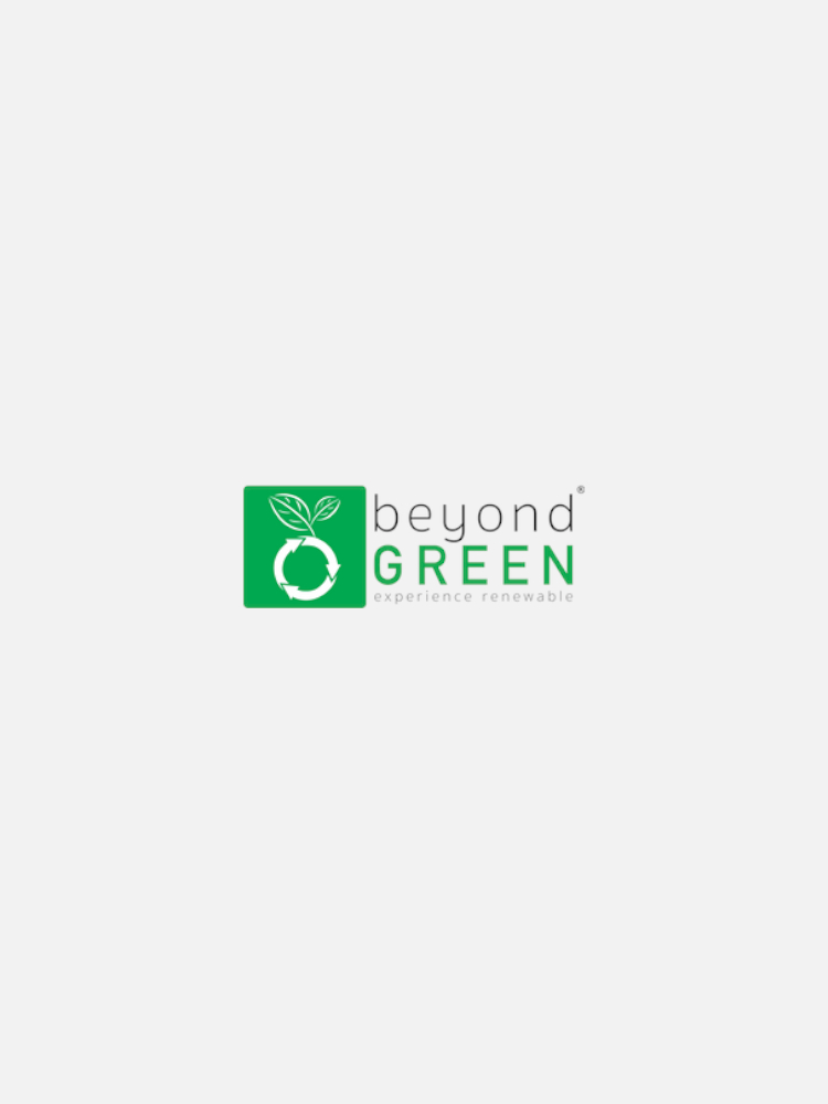 A green rectangular logo with text "beyond GREEN experience renewable" and a circular arrow surrounding two leaves.