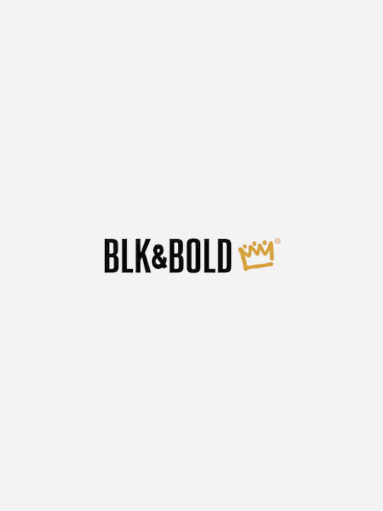 BLK & BOLD logo featuring black text with an ampersand and a gold crown on a white background.