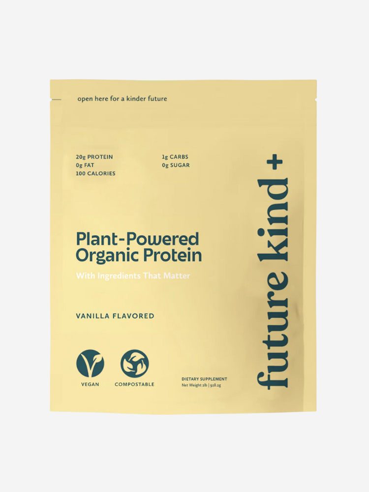 A bag of Future Kind+ Plant-Powered Organic Protein, vanilla flavored. Highlights: 20g protein, 0g fat, 1g carbs, 0g sugar, 100 calories. Labels: Vegan, compostable.