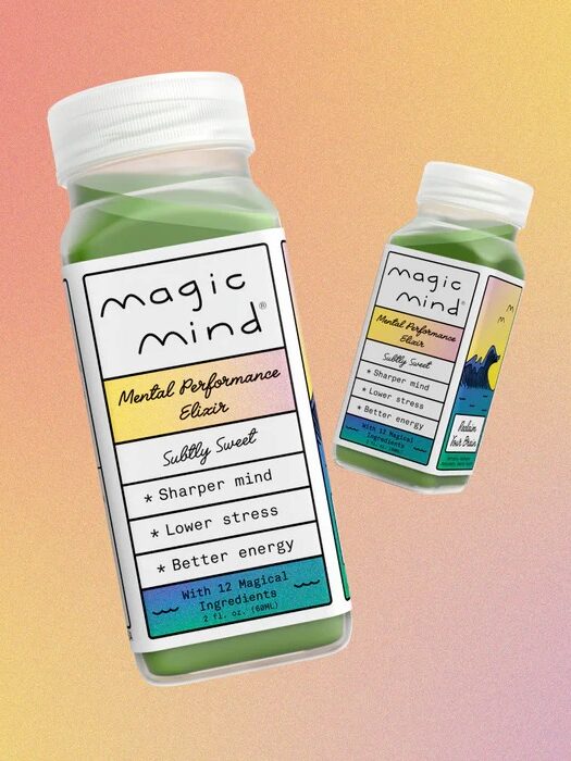 Two labeled bottles of "Magic Mind" mental performance elixir against a gradient background. The labels highlight benefits such as a sharper mind, lower stress, and better energy.