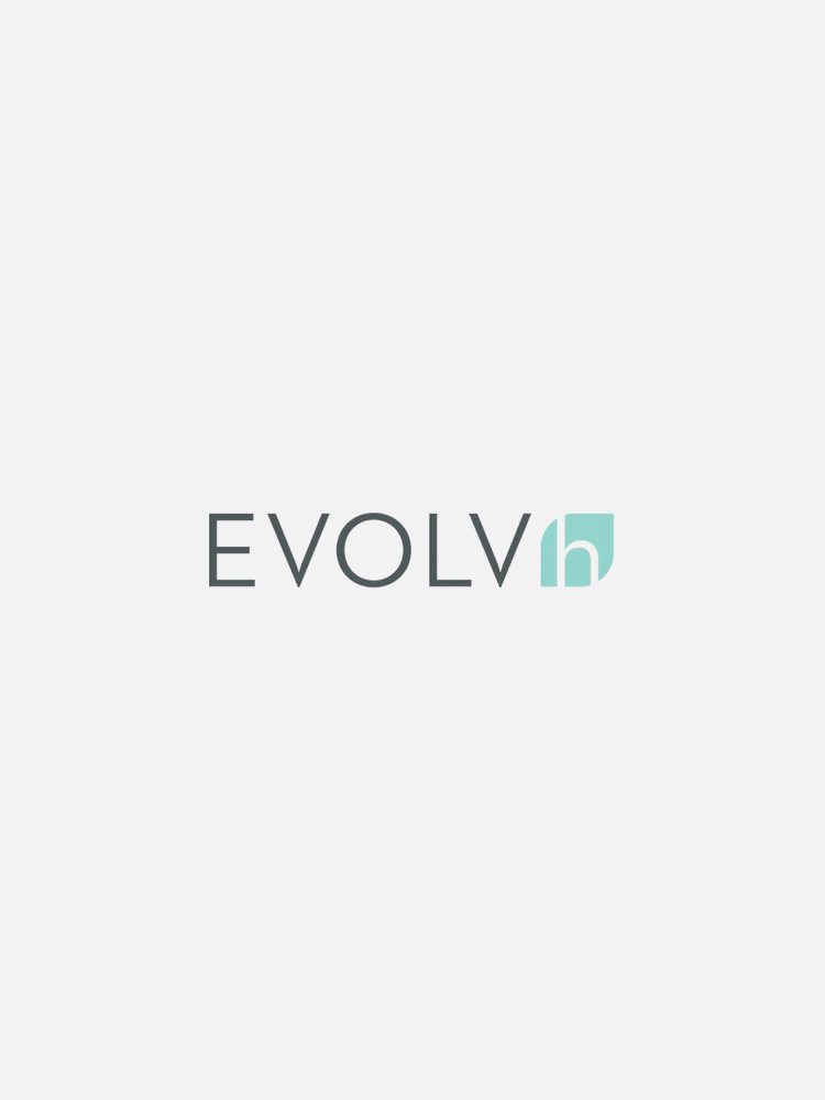 The image shows the EVOLVh logo with the brand name "EVOLVh" in sans-serif font and a teal shield icon containing a stylized, lowercase "h" on the right side. The background is light gray.