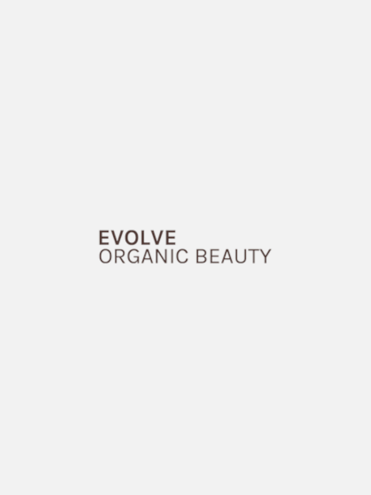 Text "EVOLVE ORGANIC BEAUTY" in brown font on a white background.