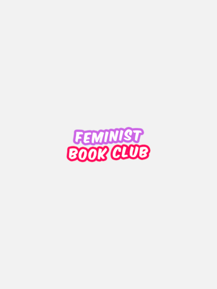 Text stating "Feminist Book Club" in uppercase letters, with "Feminist" in purple and "Book Club" in red, on a plain white background.