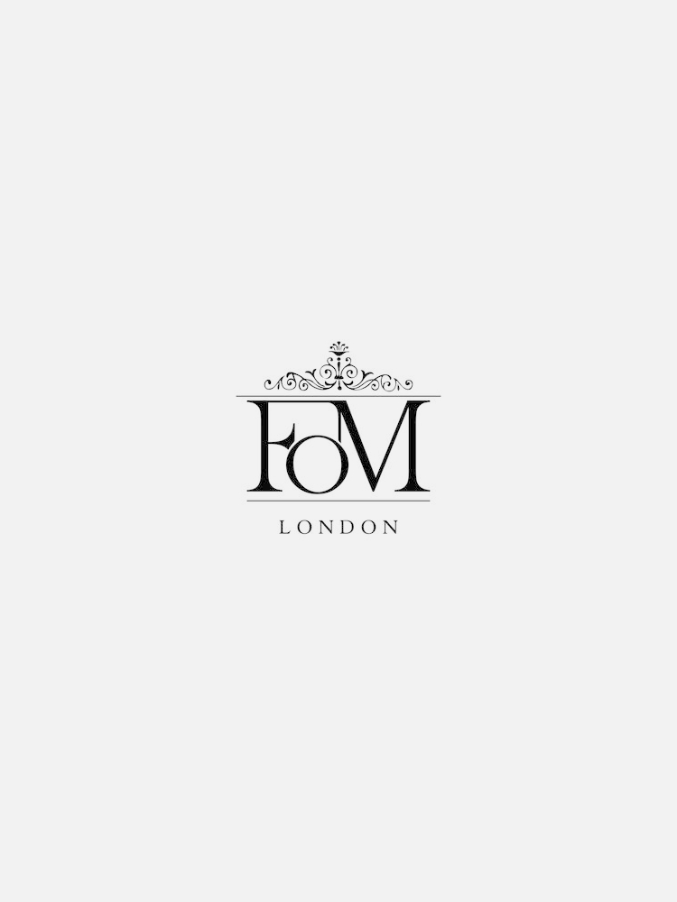 Black elegant logo with the letters 'FoM' and a crown-like ornament above, followed by 'LONDON' below, on a white background.