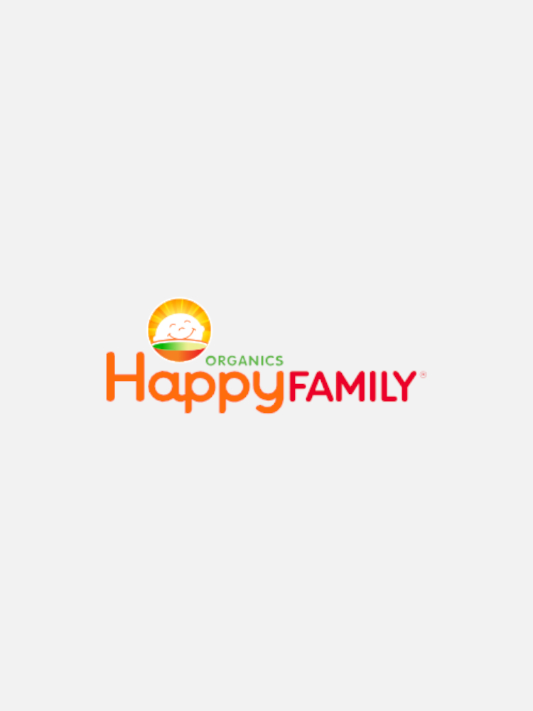 Logo of Happy Family Organics, featuring a smiling sun above the words "Happy Family" in orange and red text, with "Organics" written in green.