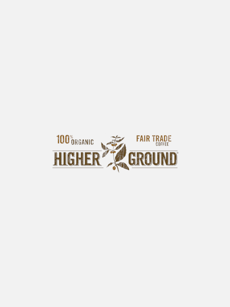 Higher Ground logo with text "100% Organic Fair Trade Coffee" on a white background, featuring an illustration of a coffee plant in the center.