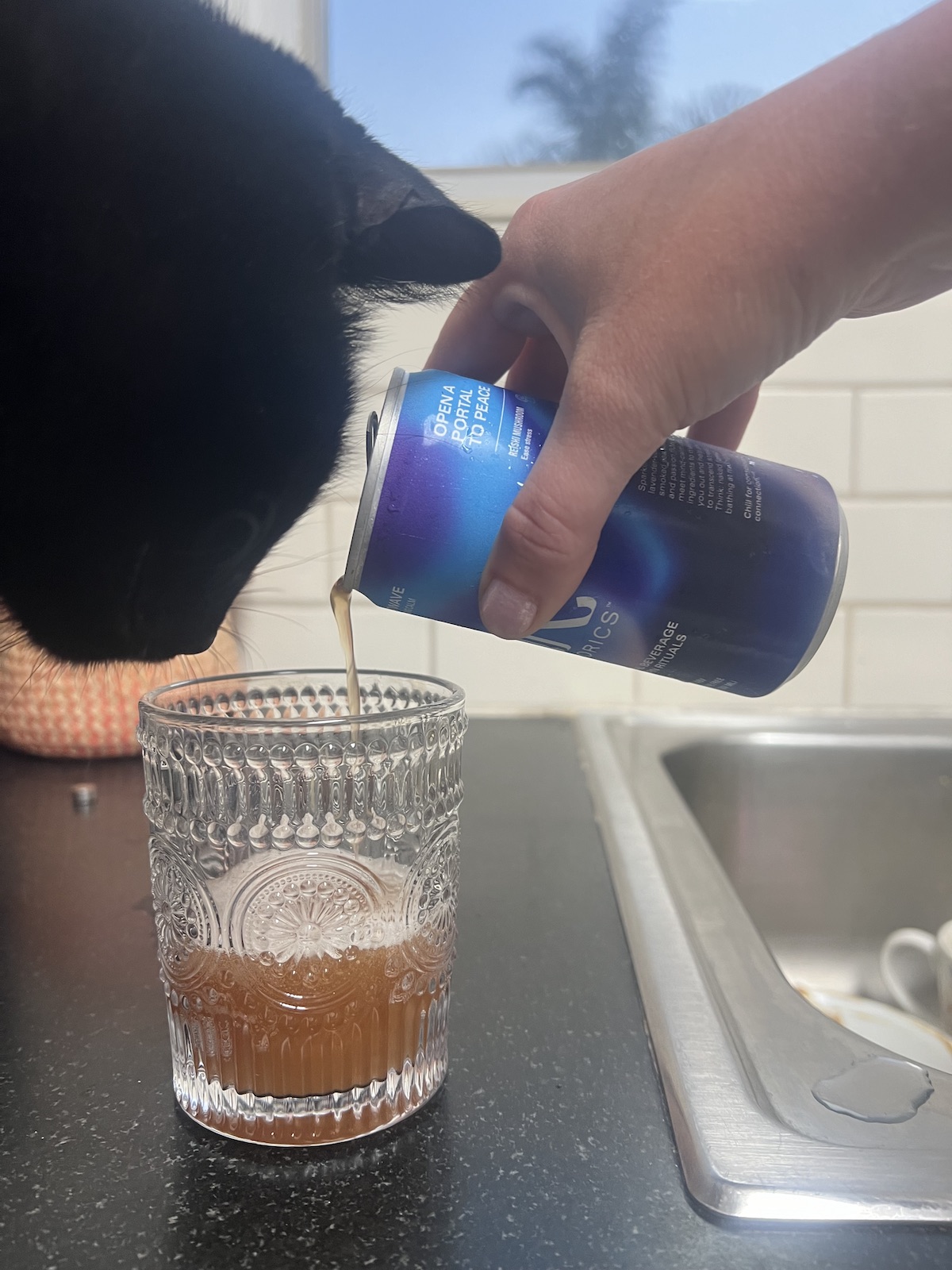 A person pours a kin drink from a purple can into a decorative glass while a black cat curiously looks at the pouring liquid on a kitchen countertop.