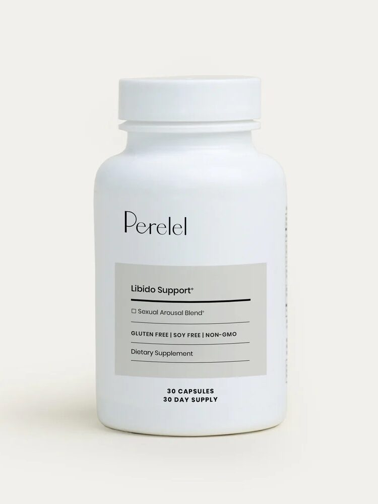 Plain white bottle labeled "Perelel Libido Support" with details including "Sexual Arousal Blend," "Gluten Free," "Soy Free," "Non-GMO," and "30 Capsules, 30 Day Supply.