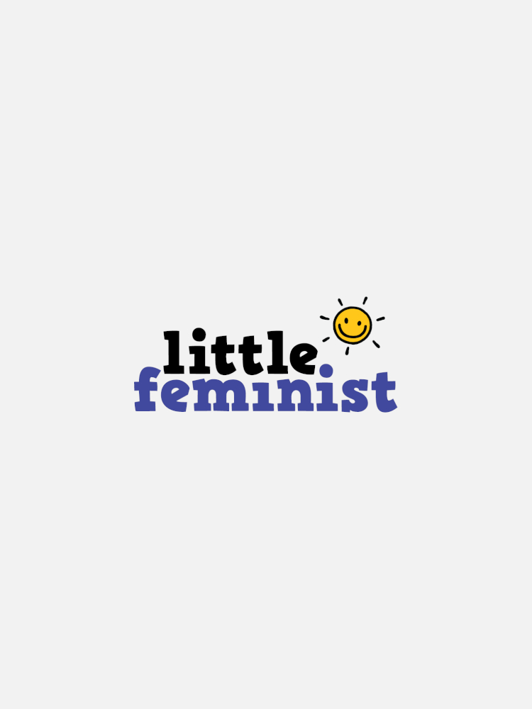 The image shows the words "little feminist" in bold black and blue font with a simple drawing of a smiling sun above the letter 'i' in "feminist".