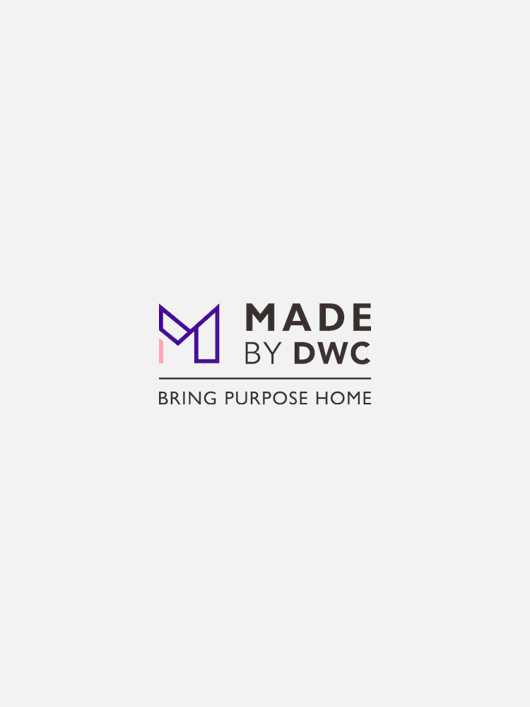 Logo of "Made by DWC" with a slogan "Bring Purpose Home." The design features a stylized purple and pink "M" icon.
