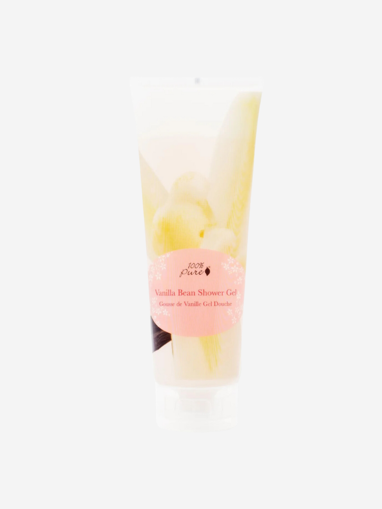 A tube of vanilla bean shower gel with a pink label displaying the product name and brand.