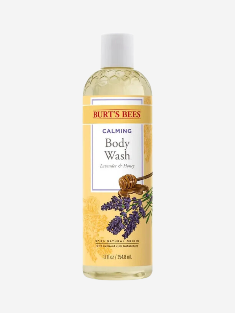 A bottle of Burt's Bees Calming Body Wash with Lavender & Honey, 12 fl oz (354.8 ml), shown against a plain background.