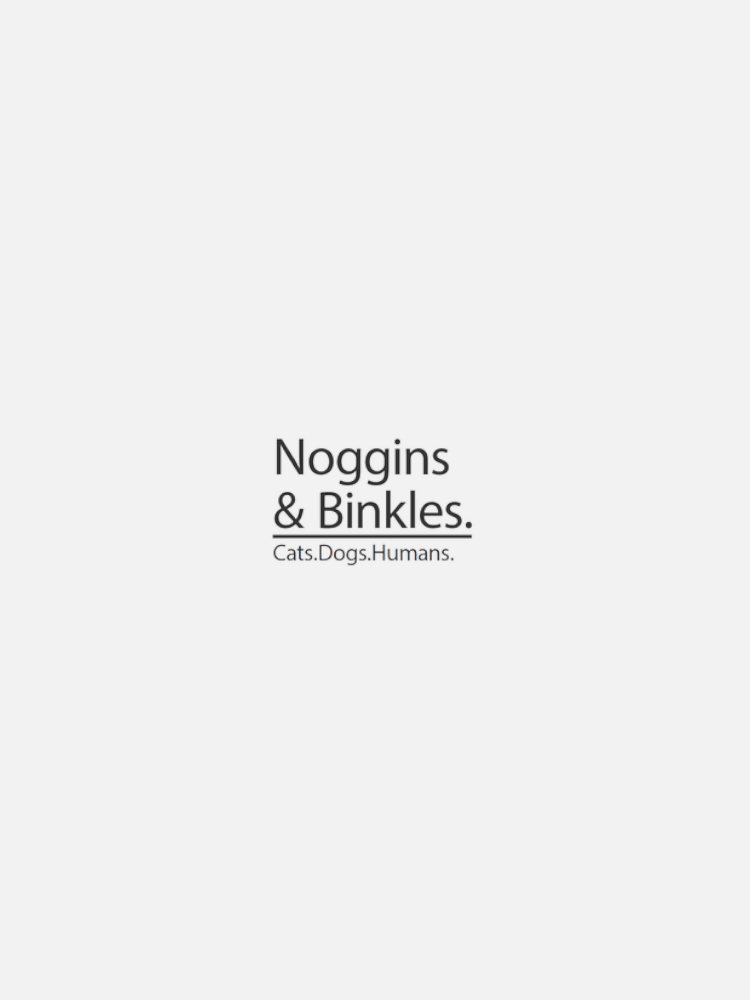 Text reads, "Noggins & Binkles. Cats. Dogs. Humans." written in black font on a plain white background.