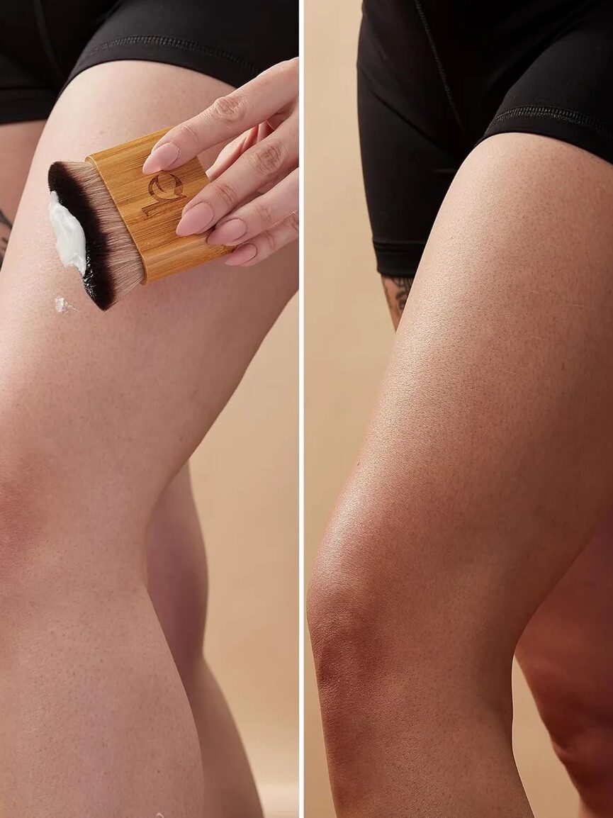 Side-by-side images show a tattooed thigh with a substance being applied (left) and a smoother appearance post-application (right).
